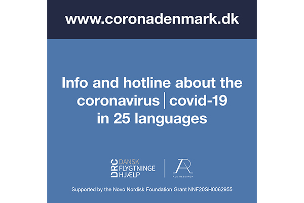 Infoskilt på engelsk om Coronavirus - Henviser til www.coronadenmark.dk