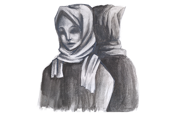 tegning af ung kvinde indhyllet i tørklæde