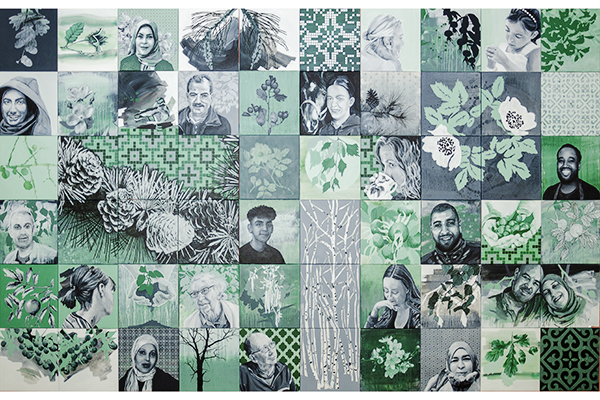 Mosaik med blomster og mennesker af forskellig etnicitet