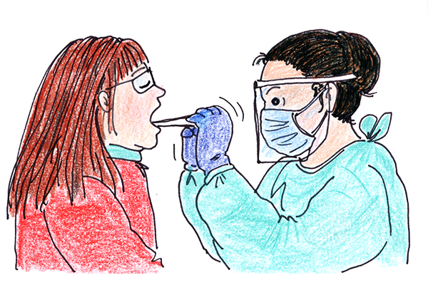 Tegning af kvinde, som bliver podet i halsen af kvindelig poder iført mundbind, handsker og kittel